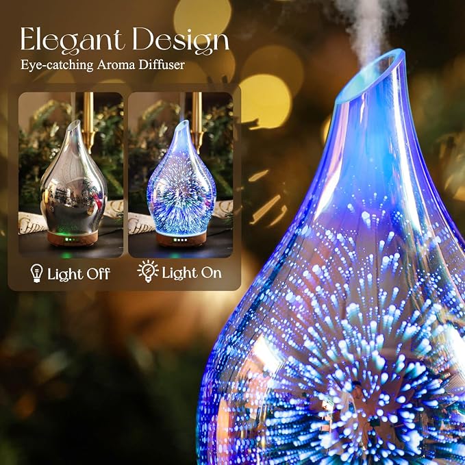 Porseme Oil Diffuser 3D Glass Aromatherapy Ultrasonic Humidifier, Air Refresh Auto Shut-Off, Timer Setting, BPA Free for Home Hotel Yoga Leisure SPA Gift 150ml Last 6H