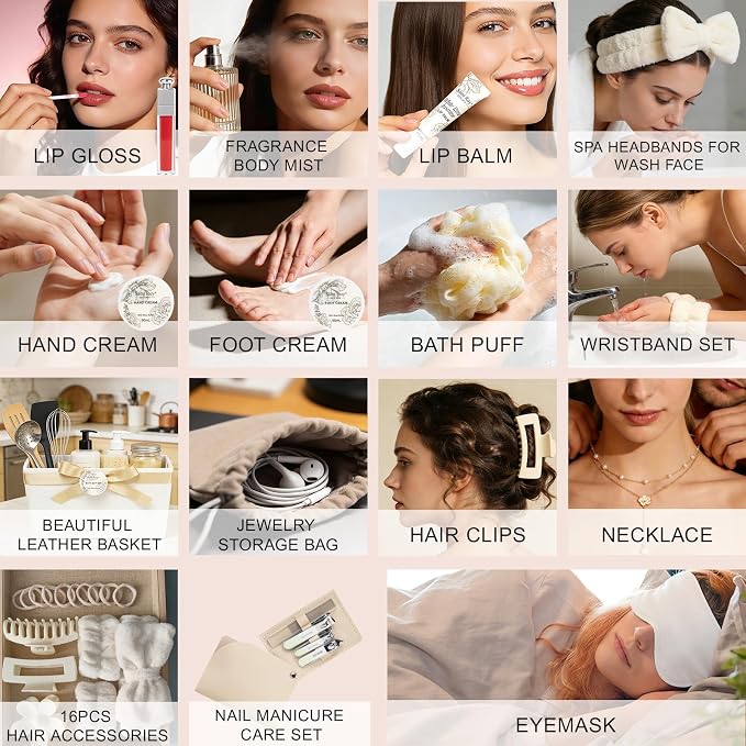37 Pcs Bath Spa Gifts for Women, Mothers Day Gifts, WHITE ROSE JASMINE Bath & Body Gift Basket, Face Skin Care Kit, Home Spa Gift Set, Self-Care Kit, Necklace, Birthday, Christmas, Anniversary