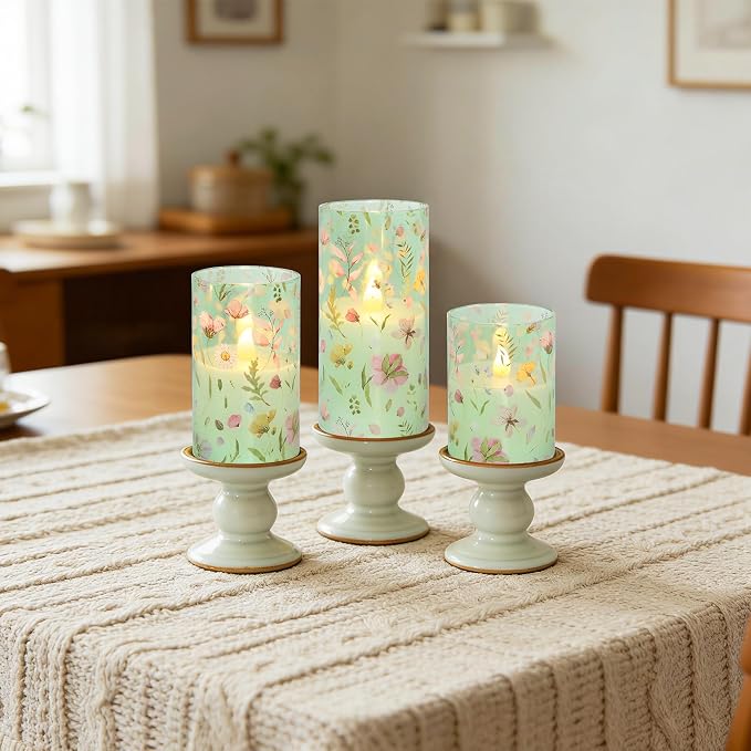 Flameless Candles with Remote Timer, Glass Battery Operated LED Candles, Green Floral Design, Cylindrical Shape, Set of 3 for Home Party Wedding Decor