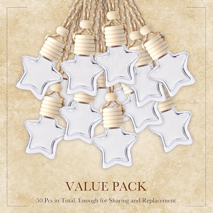 BBTO 50 Pcs Hanging Car Air Freshener Car Diffuser Bottles Empty Glass Perfume Bottle Freshener Diffuser Bottle Pendant for Essential Oil Fragrance Aromatherapy Ornament(Star)