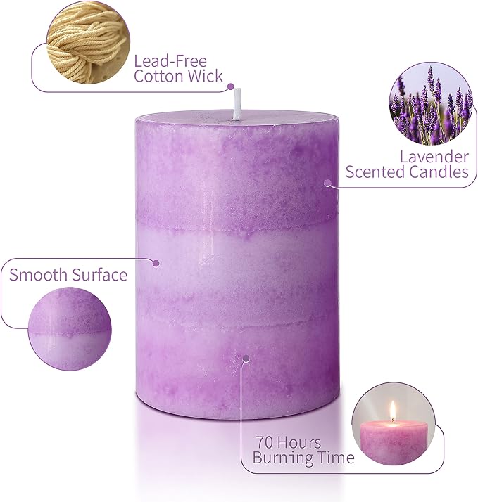 CRYSTAL CLUB Lavender Pillar Candles, Purple Aromatherapy Heritage Scented Candles, Clean Burning and Dripless Candle Lights, Tall 3X4 Inch Lavender Fragrance Candles for Home Décor