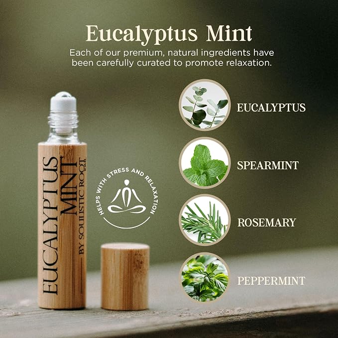 Soulistic Root Calm Essential Oil – Chamomile & Clary Sage + Breathe Eucalyptus & Peppermint Roller – Aromatherapy Blends Ideal for Relaxation, Head Massage & Clarity – Gift Set for Women – 10ml Each