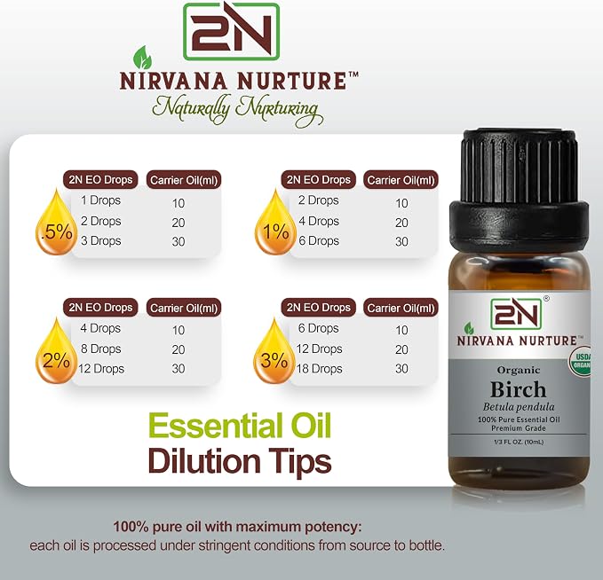 Birch Essential Oil, USDA Certified Organic, 100% Pure Undiluted, Aromatherapy Oil for Diffuser, Hair & Skin Care
