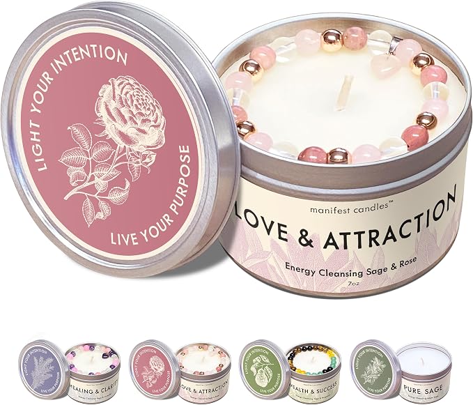 Manifest Candles Love Candle to Attract Love, 45 Hour Burn, Sage & Rose Candle, Romantic Candles, Spiritual Meditation Candles with Manifestation Crystals Bracelets for Women