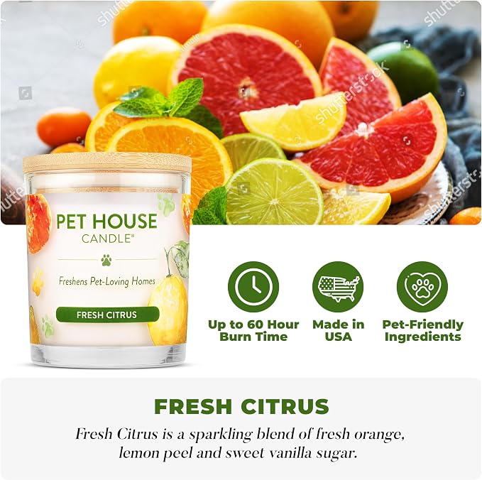 One Fur All Pet House Vanilla Candle Plant-Based/Soy - Clean Burning Scented, Long Lasting Pet Odor Candle for Home - Fresh Citrus