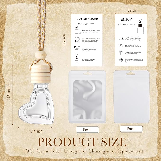 Boao 100 Sets Hanging Car Air Freshener Diffuser Bottles with Instruction Card and 4 x 6'' Resealable Holographic Bag for Empty Car Essential Oil Perfume Bottles Packaging (Heart)