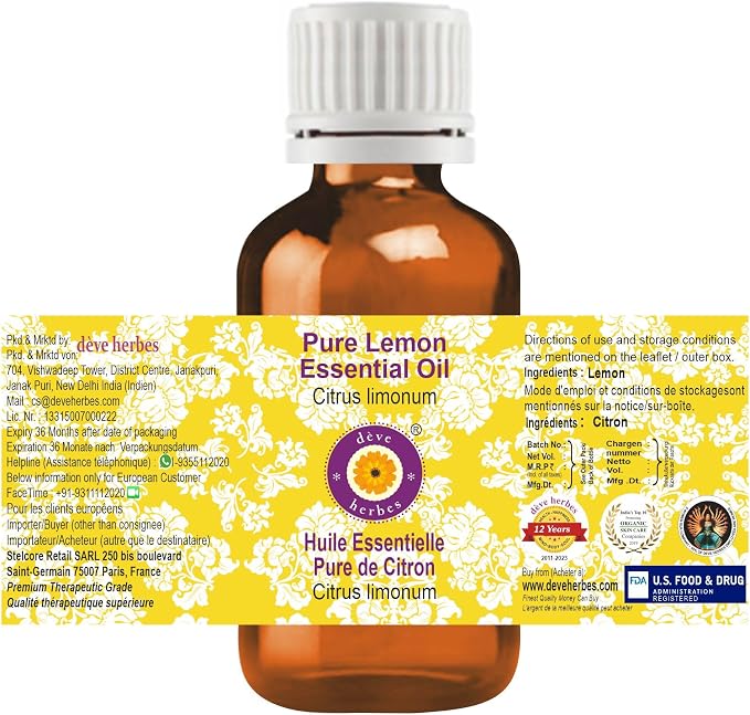 Deve Herbes Lemon Essential Oil (Citrus limonum) Pure | Non-Sticky | Non-Greasy | Lightweight | Men & Women | All Skin Types | Steam Distilled 30ml