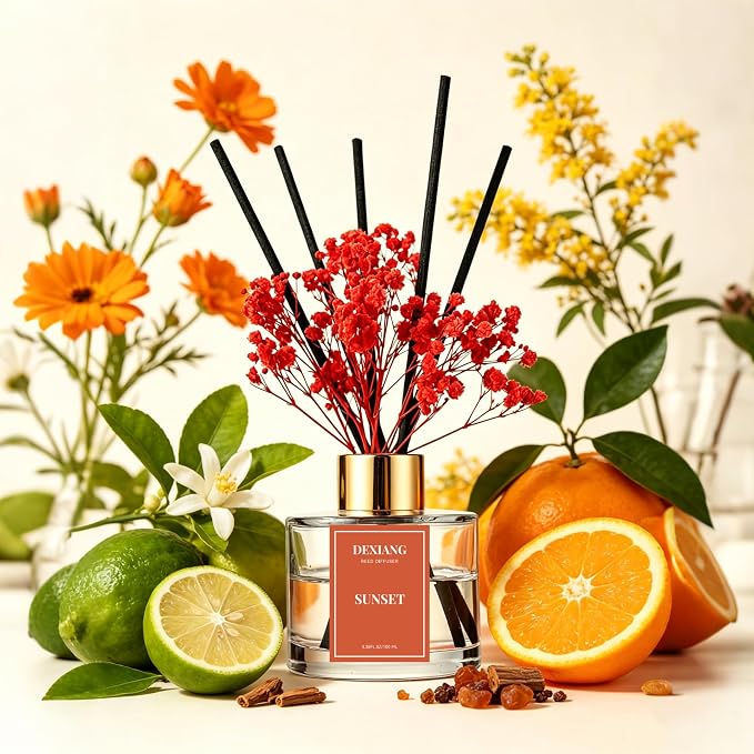 Reed Diffuser Set - 3.38 fl oz Sunset Premium Scented Oil with Preserved Baby's Breath & Cotton 6 Sticks | Long-Lasting Aromatherapy for Home, Bedroom, Bathroom, Office Home Decor