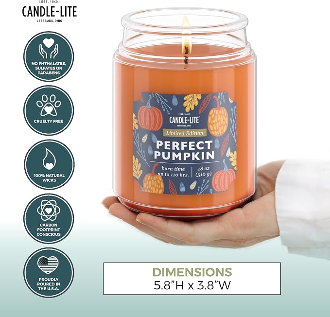 Candle-lite Halloween Scented Candles, Perfect Pumpkin, 18 oz Jar, Proudly Poured in The USA, Aromatherapy Candle, Single-Wick with 110 Hours of Burn Time, Perfect for Creating an Inviting Ambiance