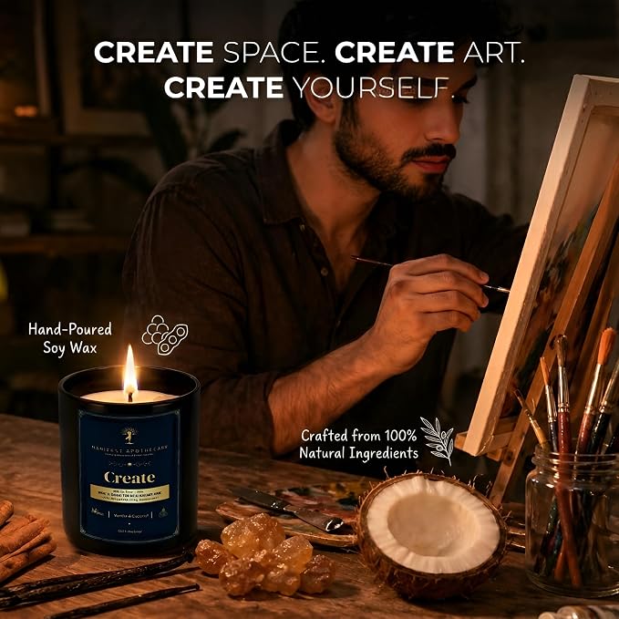 Aromatherapy Scented Candle for Creativity & Inspiration – Hand-Poured Soy Candle Infused with Vanilla, Coconut, Cinnamon & Rose Quartz Crystals – 50 Hrs Burn Time & 10.5 Oz – Ideal Birthday Gift