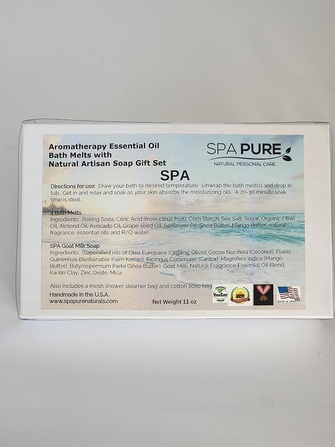 Spa Pure Aromatherapy Gift Set - Spa Bath Melts and Artisan Soap - Made in USA with Plant Based Ingredients - Cotton Soap Bag