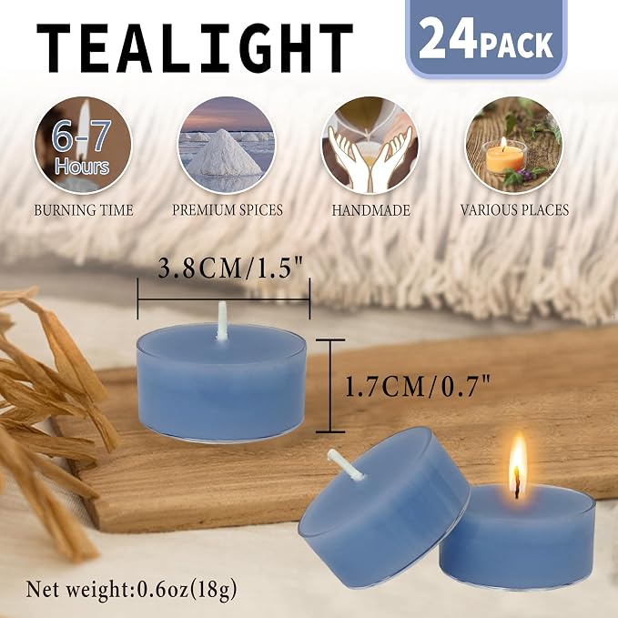 Ocean Sea Salt Scented Tealight Candles, Blue Scent Tea Lights Candles Clear Cup, 24 Pack Colored Tealights Candle, 6 Hour Burn Time Tea Candles for Party, Decor, Spa, Shabbat