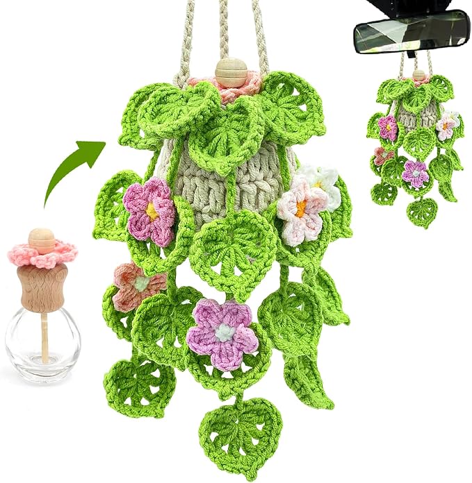 Crochet Car Air Freshener, 15ml Empty Refillable Oil Diffuser Bottle with Hanging Crochet Flowers Plant for Car Rearview Mirror Decor Air Freshener Diffuser for Home, and Office Decor(Flowers)