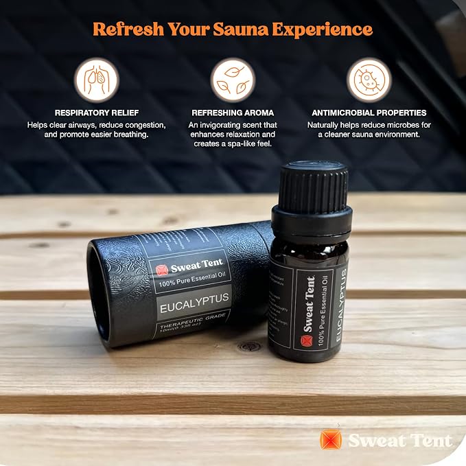 SweatTent Premium Eucalyptus Essential Oil for Sauna – Pure Botanical Grade Aromatherapy – Natural Steam Room Scent – 10ml Bottle – Ideal for Wellness & Home Spa Relaxation