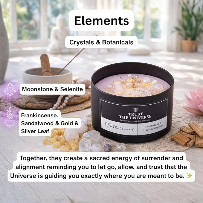 Trust the Universe Crystal Candle, 8oz Soy Wax with Moonstone & Selenite Crystals, Frankincense & Sandalwood Aromatherapy for Meditation, Manifestation & Spiritual Gifts for Women and Men