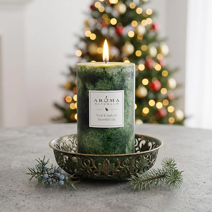 Aroma Naturals Holiday Juniper, Spruce and Basil Essential Oil Pillar Candle, Fresh Forest, 2.75 inch x 5 inch