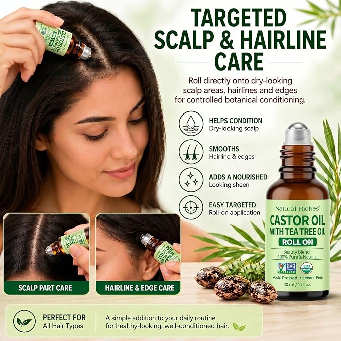 Natural Riches Castor Oil with Tea Tree Oil – Glass Roll-On Bottle for Hair Growth, Eyelashes & Eyebrows – Cold Pressed, 100% Pure, Scalp Care for Dry, Itchy Scalp – Travel Size Roller 1 fl oz.