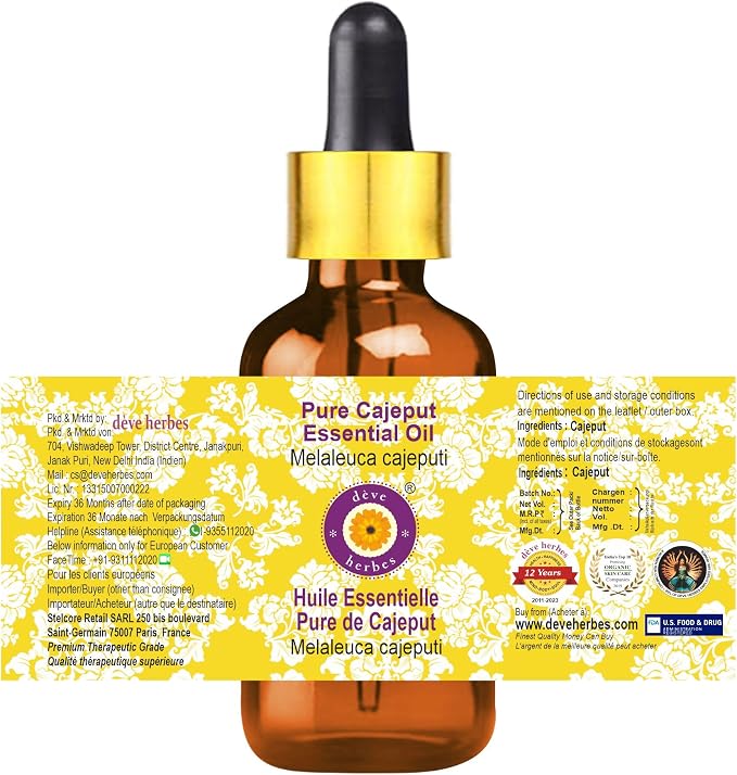 Deve Herbes Pure Cajeput Essential Oil (Melaleuca cajeputi) with Glass Dropper Steam Distilled (Pack of Two) 100ml X 2 (6.76 oz)