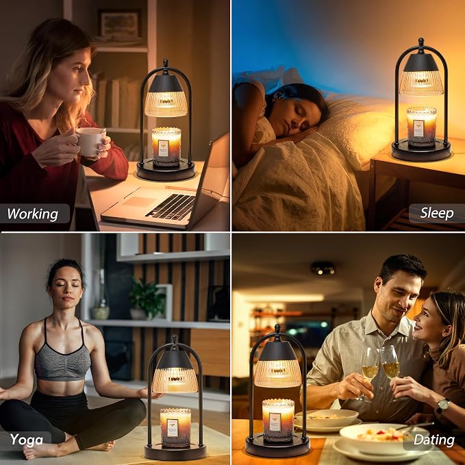 GyroVu Candle Warmer Lamp with Timer, 3-Level Dimmable Candle Lamps with Glass Shade, Electric Candle Light Wax Melt Warmer for Scented Wax, Black Warmer Lamp for Women Home Decor (2 Bulbs Included)