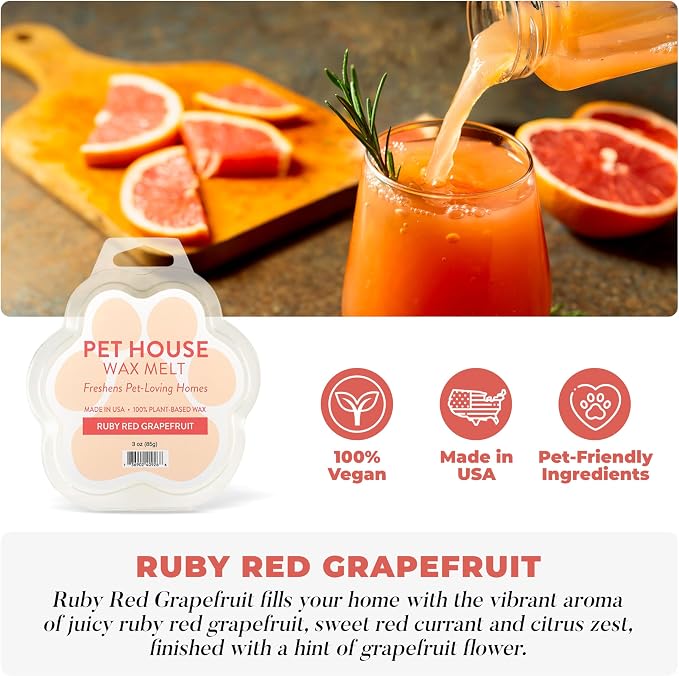 One Fur All Pet House Spring and Summer Wax Melts for Pet Odor, Natural, Plant Based Soy Wax Melts, Long Lasting Fragrance for Fresh Smelling Homes, Ruby Red Grapefruit