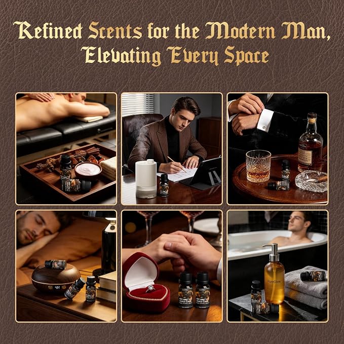 Men Diffuser Oils Gift Set for Father's Day & Birthday, SNOWSEN Gentlemen's Essential Oil for Diffuser Candles Scents & Perfume, Sandalwood, Cologne, Smoked Ebony, Amber Rum, Cedar, Sweet Tobacco
