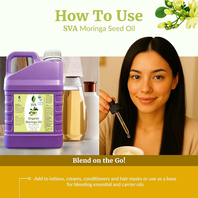 SVA Moringa Seed Oil Organic - 32 Fl Oz – 100% Natural Cold Pressed Moringa Oil - for Face, Skin Care, Hair Care, Scalp Massage & Body Massage – Carrier Oil with Dropper