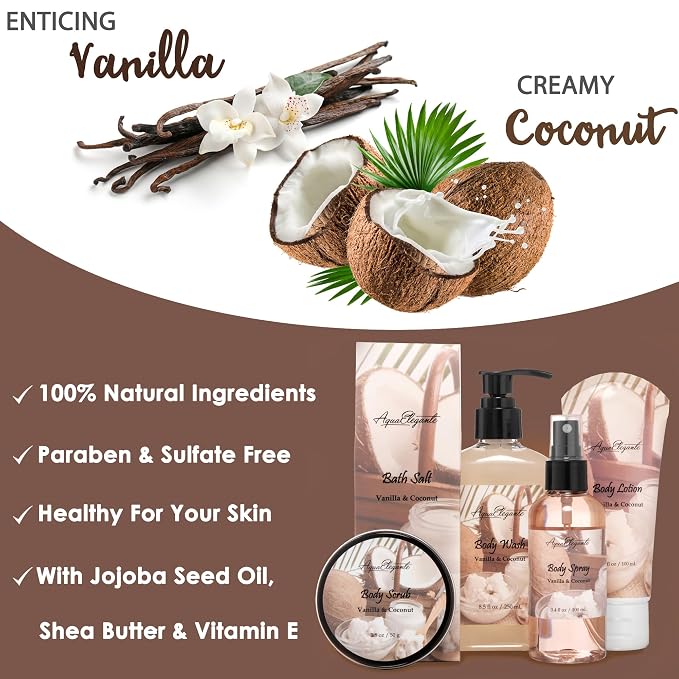 Aqua Elegante Spa Gift Basket - Luxury Bath Set with Body Wash, Bubble Bath, Lotion, Salts, Scrub, Spray, Shower Puff, Towel, Gifts for Women, Mom, Wife, Her - Coconut & Vanilla