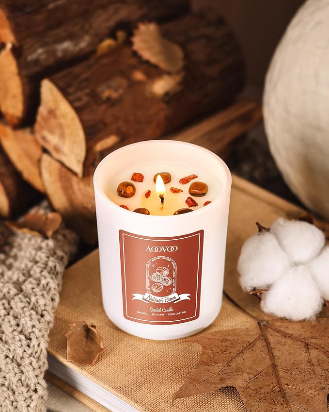 AOOVOO Nutmeg Beans Scented Candles for Women - Aromatherapy Candle with Crystals Inside, 7oz Soy Candles for Home Scented, Mothers Day Birthday Gifts Candle for Women Mom