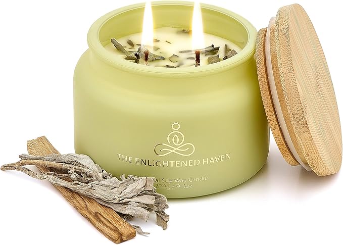 Palo Santo and White Sage Meditation and Yoga Candle for Cleansing and Protection - 50 Hour Clean Burning Soy Wax - 2-Wick Spiritual Aromatherapy Smudge Candle with Guided Materials -9.5oz