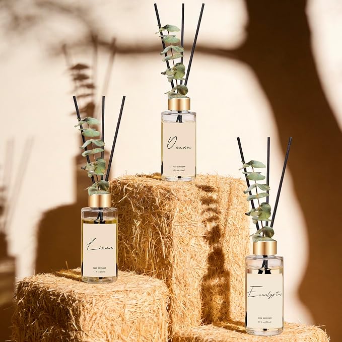 Reed Diffuser Set of 3, Eucalyptus, Linen & Ocean Scented Oil Diffusers with 15 Reeds, Long-Lasting Home Fragrance for Bedroom & Bathroom Decor, 1.7 fl oz Each, Total 5.1 oz