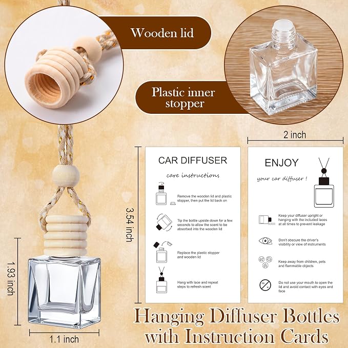 Boao 25 Sets Hanging Car Air Freshener Diffuser Bottles Empty Bulk with Car Diffuser Instruction Cards Organza Bags Glass Refillable Essential Oil Fragrance Aromatherapy Pendant (Flat Square,Clear)
