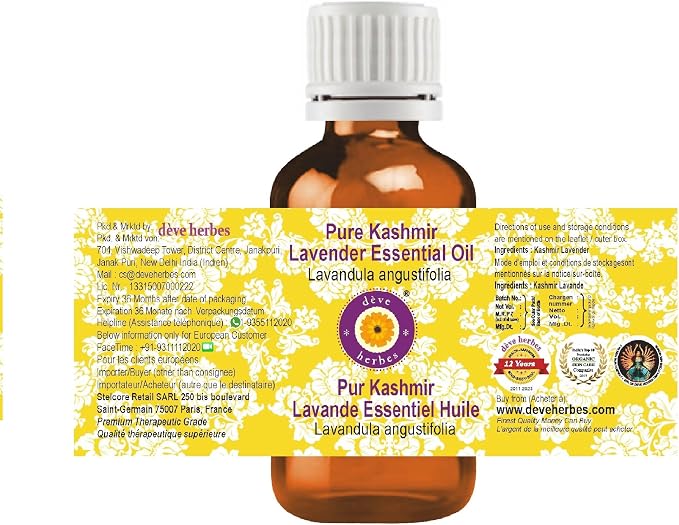 dève herbes Kashmir Lavender Essential Oil (Lavandula angustifolia) Pure | Non-Sticky | Non-Greasy | Lightweight | Men & Women | All Skin Types | Steam Distilled 5ml (0.16 oz)