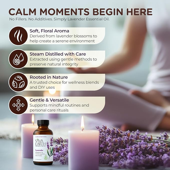 Lavender Essential Oil – 100% Pure and Natural Premium Grade Lavender Essential Oil for Skin, Home Diffusers, Aromatherapy, Massage and Humidifiers, 4 Fl. Oz