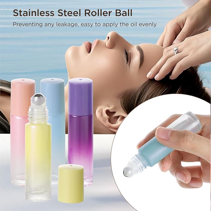 SESENSE Essential Oil Roller Bottles, 10ml Thick Glass Perfume Roller Bottles with Funnel Opener and Dropper (Multicolor, 12 Pack)