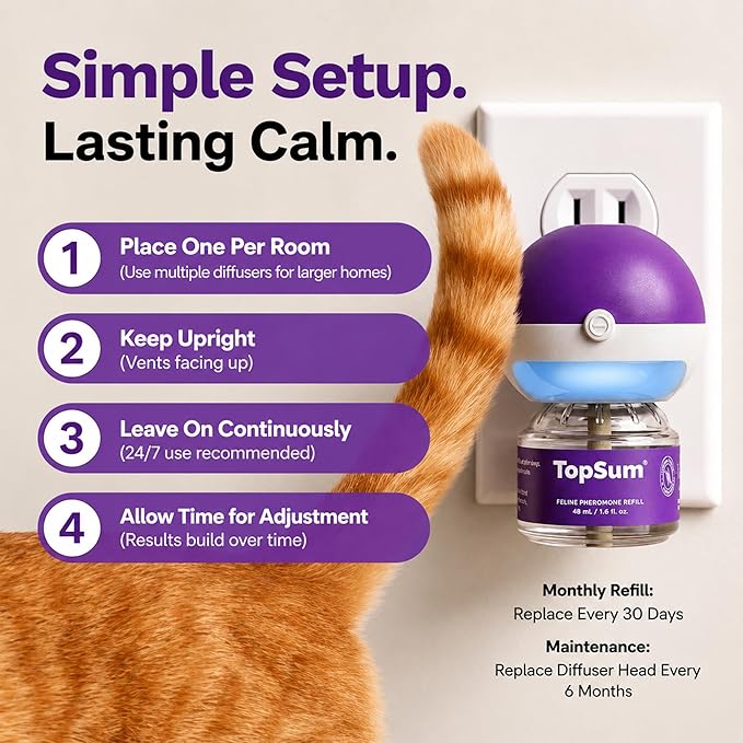 TopSum Cat Calming Pheromone Diffuser: Feline Pheromones Plug in for Stress, Alone At Home, Spraying, Fighting, Scratching, Aggression & Excessive Meowing (Purple–1 Diffuser+3 Refills)