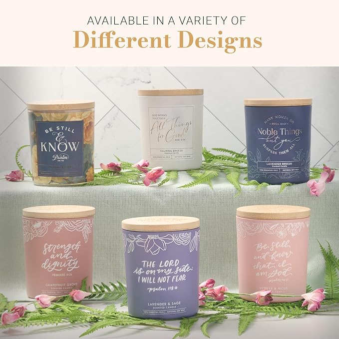 Christian Art Gifts Soy Wax Scented Candle: Romans 8:28 Bible Verse, Calming Breeze Scent, Pure Essential Oils, 4.5 oz, Up to 20 Hours Burn Time, Glass Jar w/Bamboo Lid, Encouragement Gift