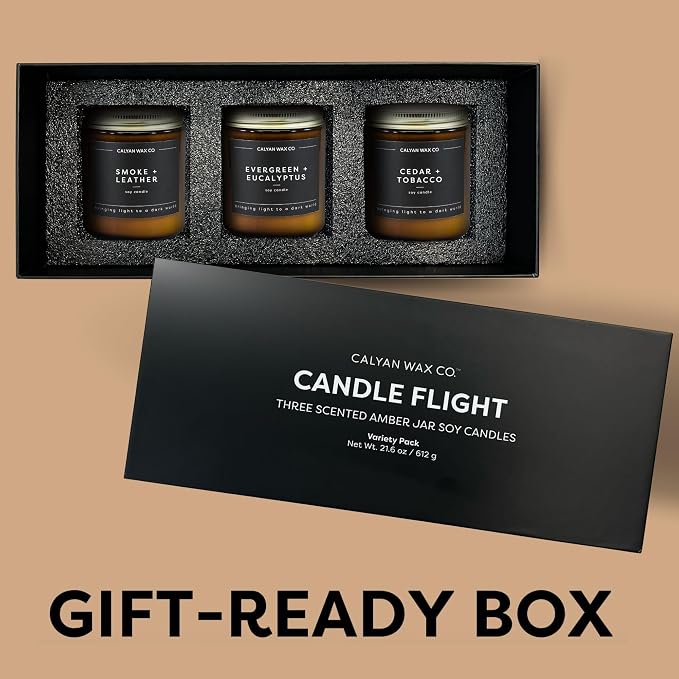 Calyan Wax Co. Masculine Scented Candle Gift Set - 3 Scented Candles - 57 Hour Burn - Luxury Clean Soy Wax Candles - Long Lasting Amber Glass Jar Candle for Home - 7.2oz