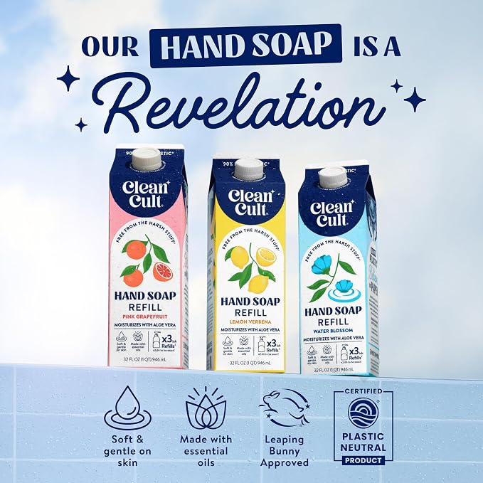 Cleancult Liquid Hand Soap Refill - Water Blossom - Moisturizes Dry & Sensitive Skin - Made with Aloe Vera & Essential Oils - Eco Friendly - Paper-Based Packaging - 32 oz/3 Pack