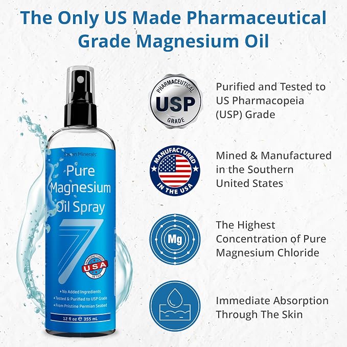 Seven Minerals Pure Magnesium Oil Spray, Big 12oz, USP Grade, Extra Strength, for Sleep, Feet, Muscle Pain, Cramps, Restless Legs - Mined in The USA. About 33,000mg of Mg | USP-grade magnesium chloride, Extra Strength for restless legs, sore muscles & ...