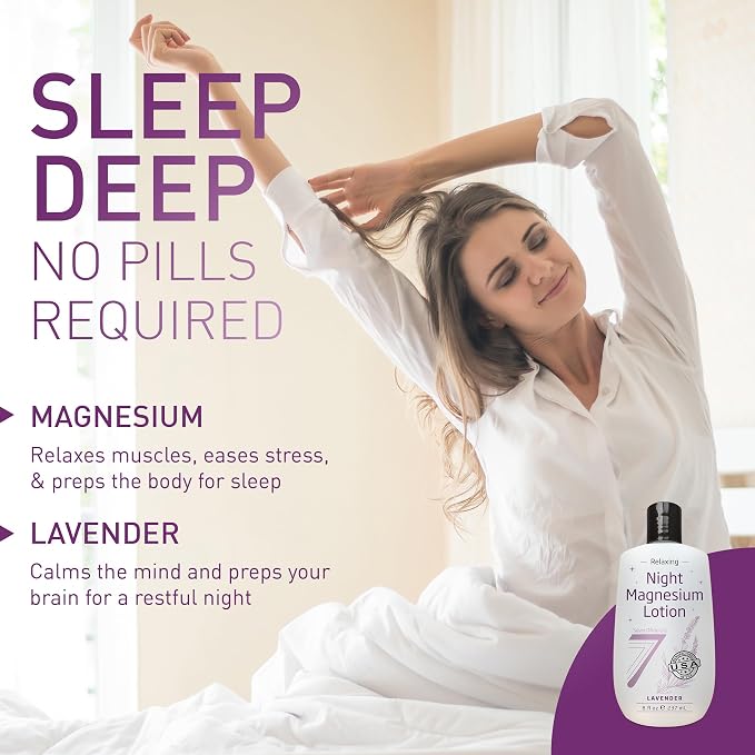 Seven Minerals Magnesium Lotion for Sleep - Lavender Relaxing Night Blend - Highly Concentrated Magnesium for Better Sleep, Body & Mind Relaxation. Non-Greasy Skin Friendly - 8 fl oz