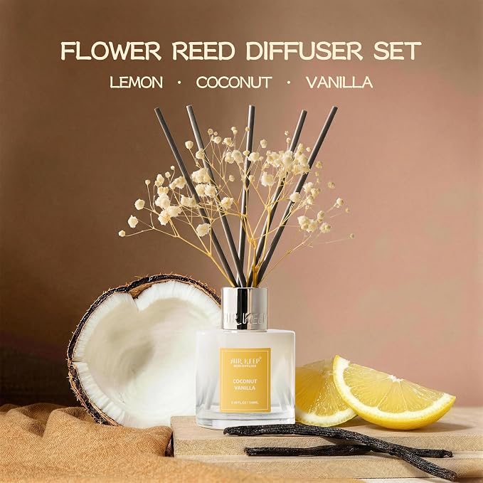 Airkeep Reed Diffuser Set,3.38 fl oz (100 ml) - Coconut Vanilla Oil Diffusers with 8 Reed Sticks, Home Fragrance Reed Diffuser for Bathroom Shelf Decor