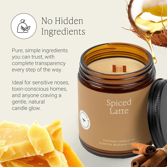 Fontana Candle Co Wood Wick Beeswax Jar Candle, Spiced Latte – Made Safe with Coconut Oil & Pure Essential Oils – 35+ Hrs Clean Burn, Long Lasting and Non-Toxic Candles for Home & Room Decor