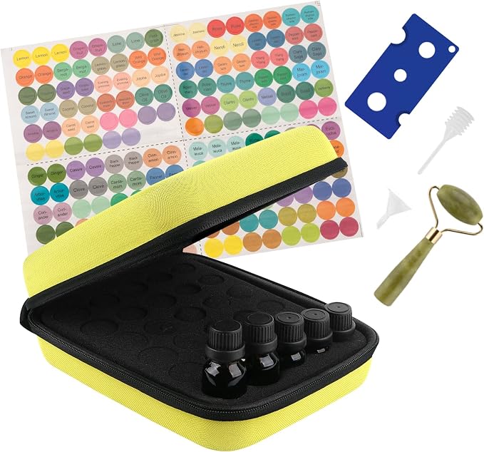 LUEXBOX Essential Oil Storage Case/Essential Oil Carrying Case/Essential Oil Case [Multiple Sizes] + Jade Roller for Face & Oil Opener & Stickers & Funnel & Transfer Pipette (yellow)