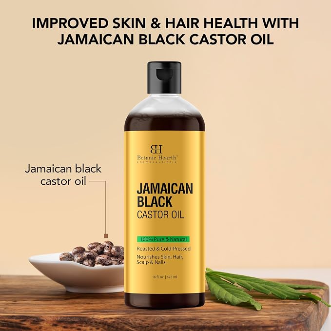 Botanic Hearth Jamican Castor Oil 8 Fl Oz| 100% Pure & Natural, Cold Pressed |For Hair, Eyelashes & Eyebrows | Hexane Free, Fast Absorbing | with Massage Roller Ball