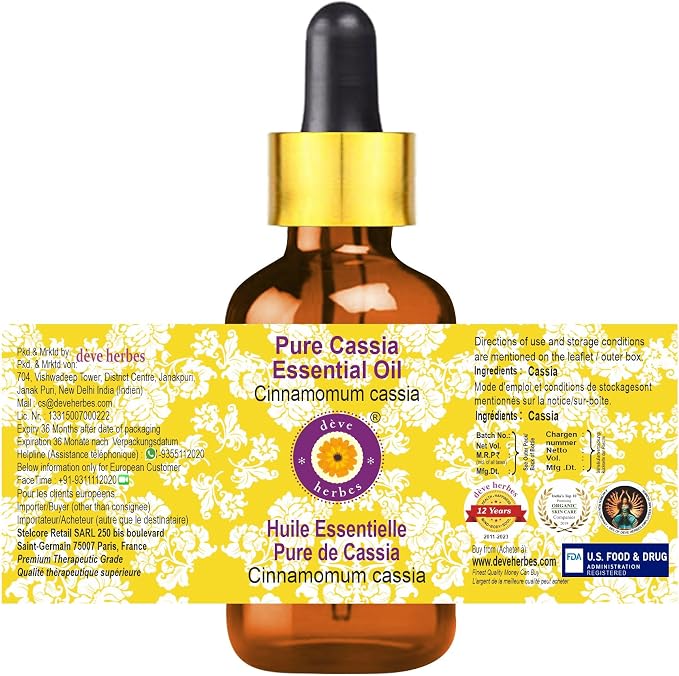 Deve Herbes Pure Cassia Essential Oil (Cinnamomum Cassia) with Glass Dropper Steam Distilled 5ml (0.16 oz)