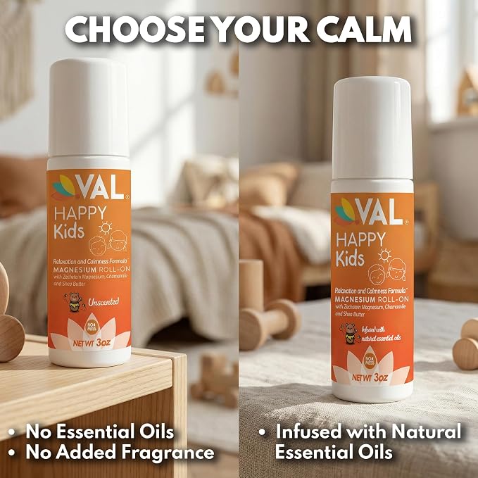 VAL Happy Kids Unscented Magnesium Roll-On, Relaxation & Calm Formula for Kids, Zechstein® Magnesium with Chamomile & Shea Butter, Fragrance-Free, 3 oz