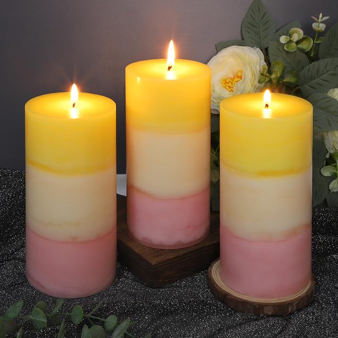 Sweet Honeysuckle Scented 3x6 Inch Pillar Candles Yellow White Pink Layered Aesthetic Decorative Home fragrances Candle for Spring Living Room Bathroom Party Decor, Set of 3