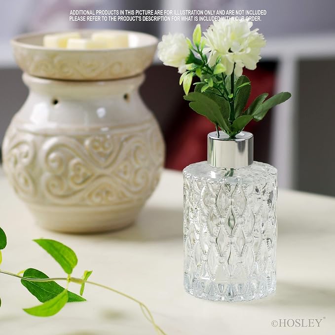 Hosley Set of 4 Mid Century Modern Glass Diffuser Bottles 4 Inch High. Ideal for Use with Essential Oils Replacement Diffusers Reed Sticks Diy Crafts O3 Silver