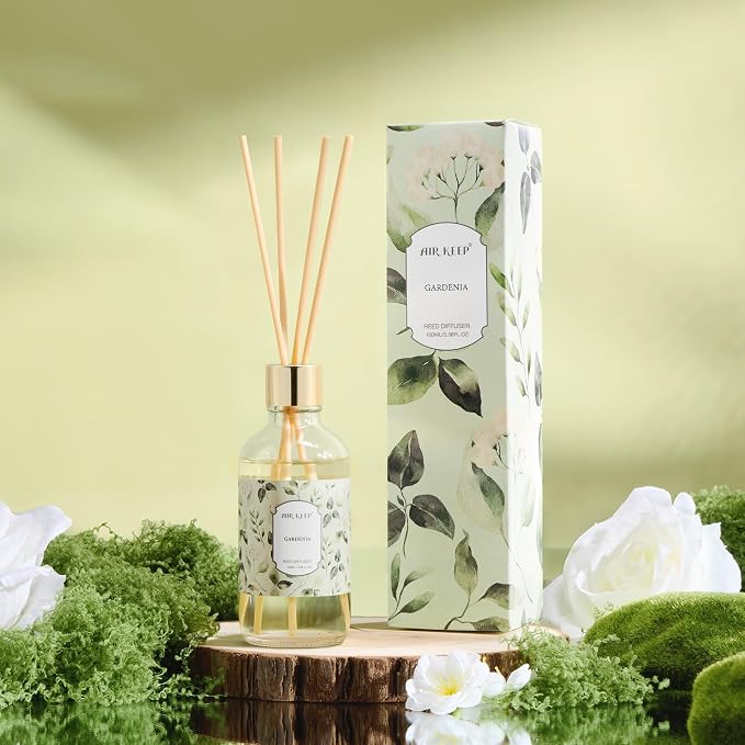 Airkeep Reed Diffuser Oil Set with Reed Sticks, Gardenia Aromatherapy Oil Scent Diffuser for Home Office Bathroom Decoration Perfume and Gifts 3.38 oz/100ml