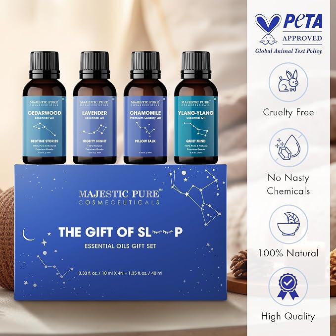 Majestic Pure, Restful Night Essential Oil Gift Set | 100% Pure & Natural Set for Soothing Nighttime and Self-Care Rituals | Lavender, Ylang Ylang, Cedarwood, Chamomile - Pack of 4
